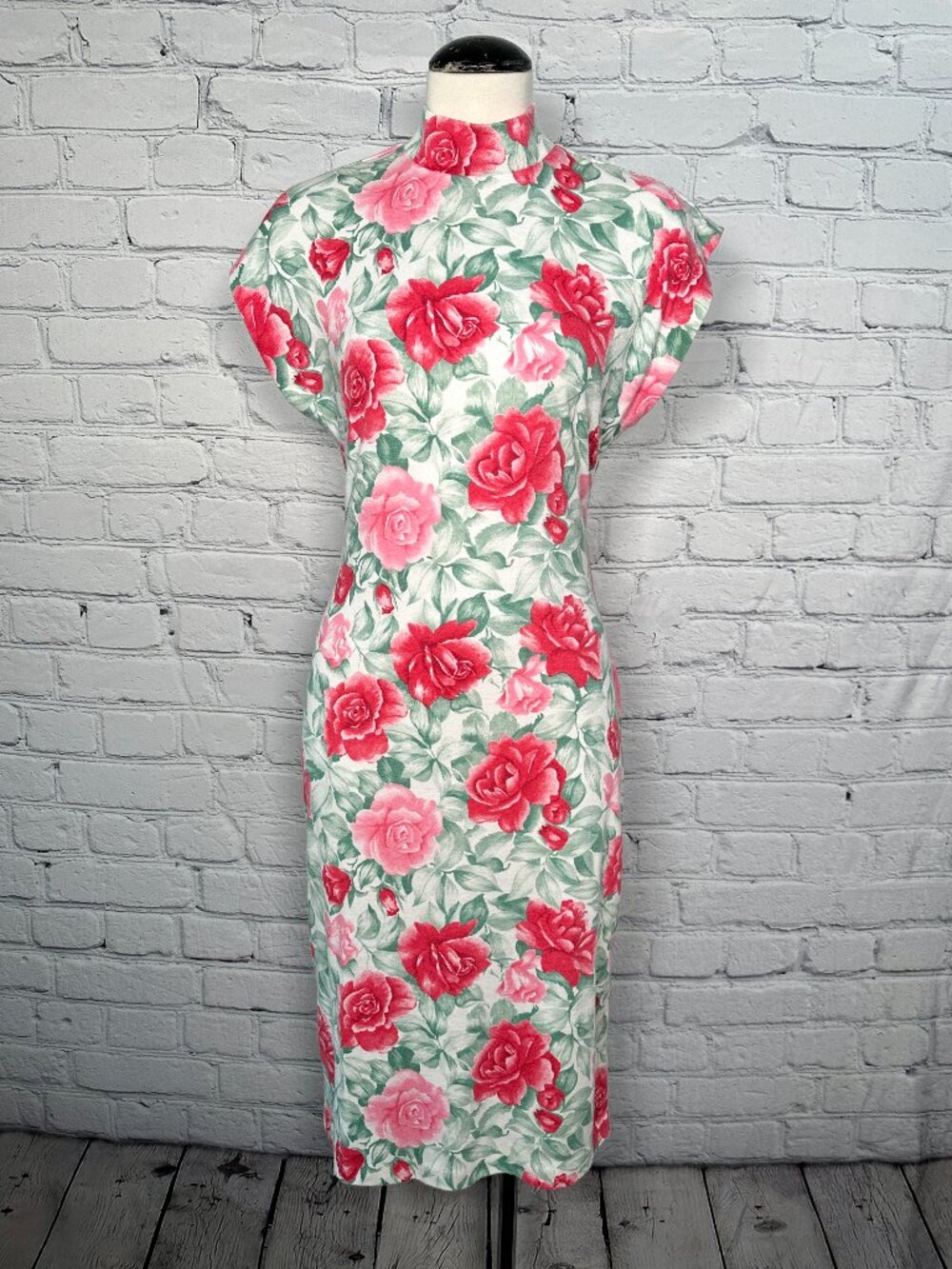 Vintage 80 Cottagecore Dress Red Pink Roses Knit Bodycon Backless M